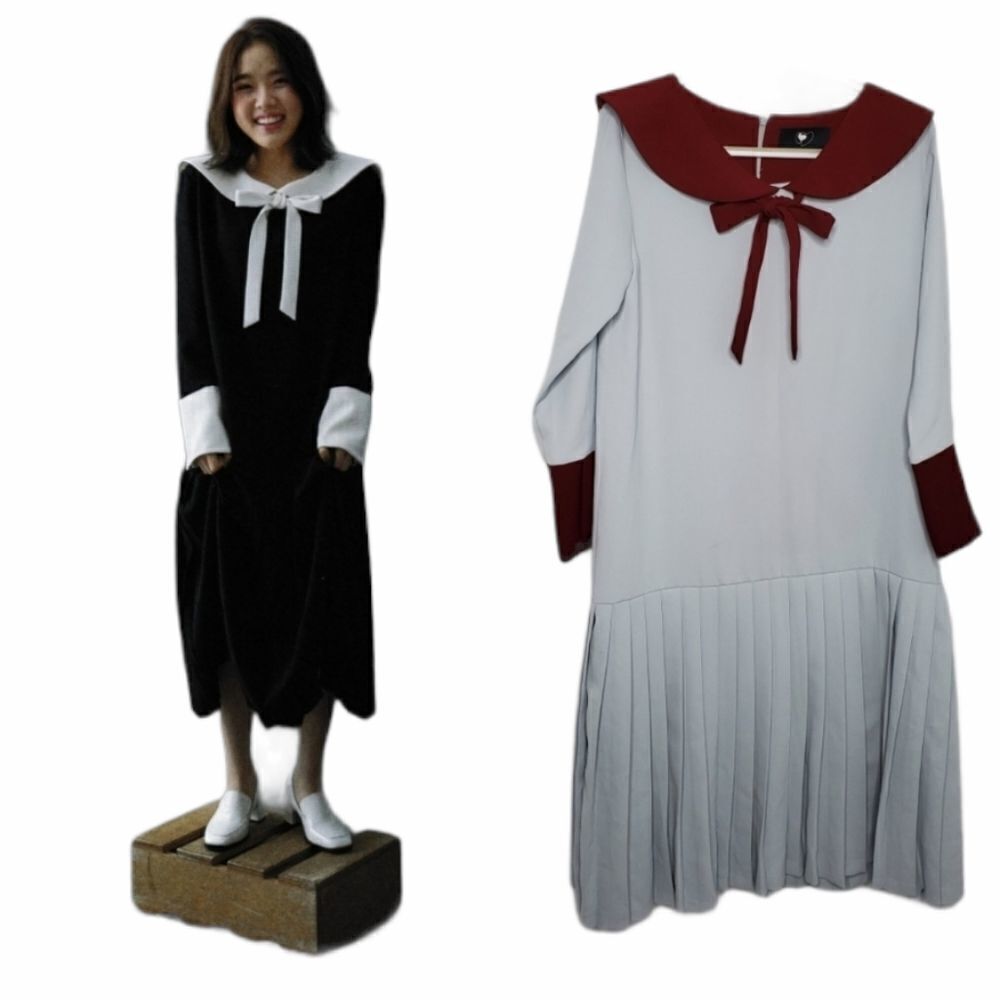 DEW E HEART Korean gray pleated long ribbon school girl dress‎ OS M
